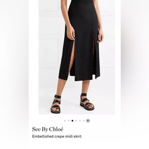 See By Chloe Studded Embellished Black Crepe Midi Skirt Size 44